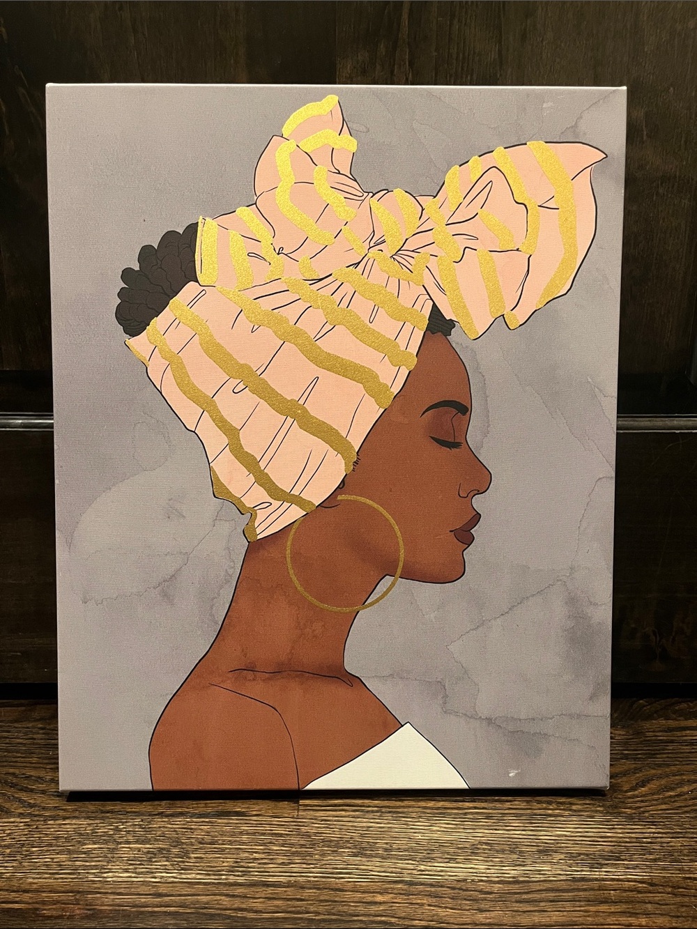 Canvas Art of Woman Wearing Pink & Gold Headwrap Scarf on gray background 20x16
